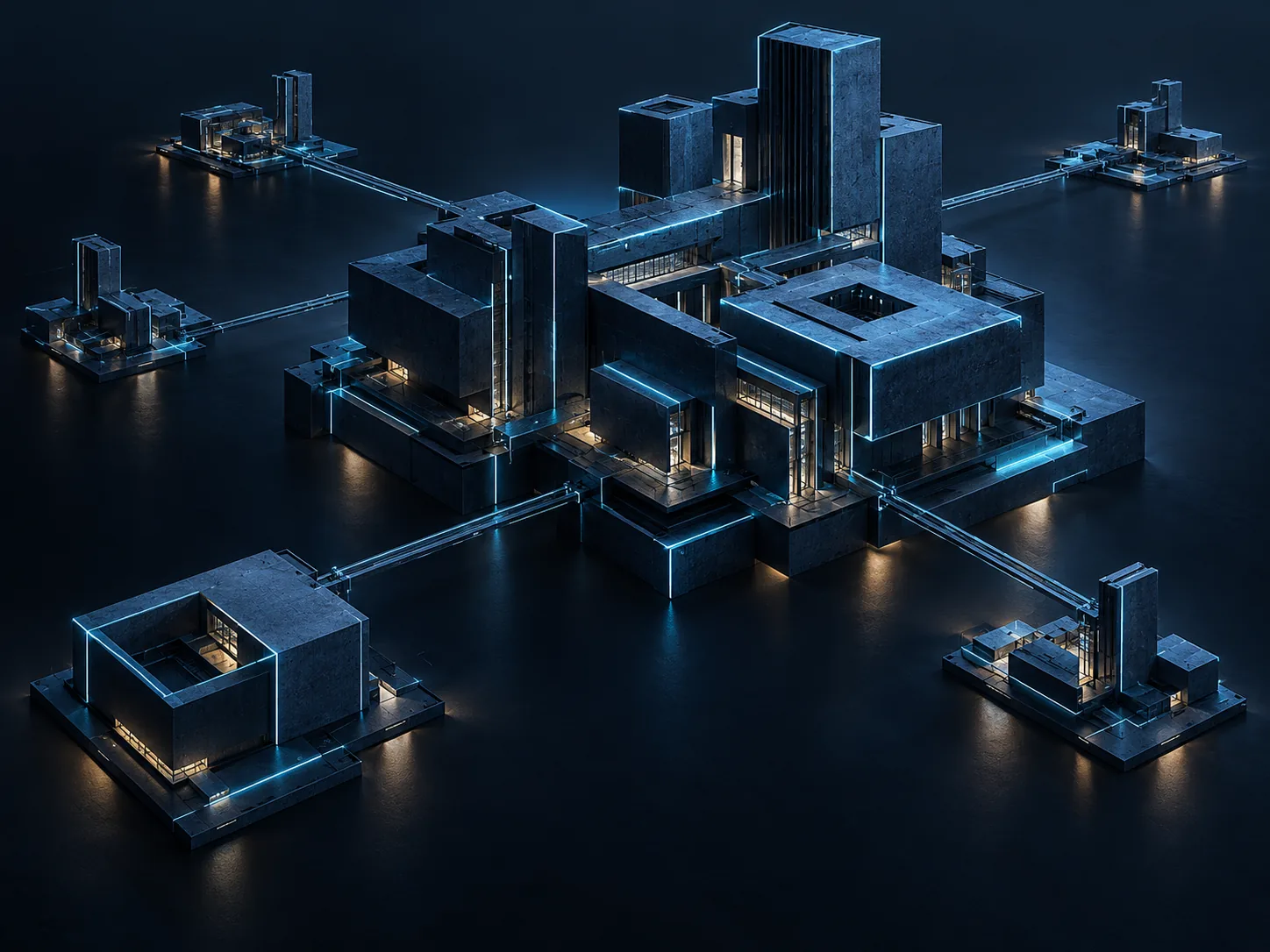 Volumes d’infrastructure reliés et éclairés par une lumière cyan.