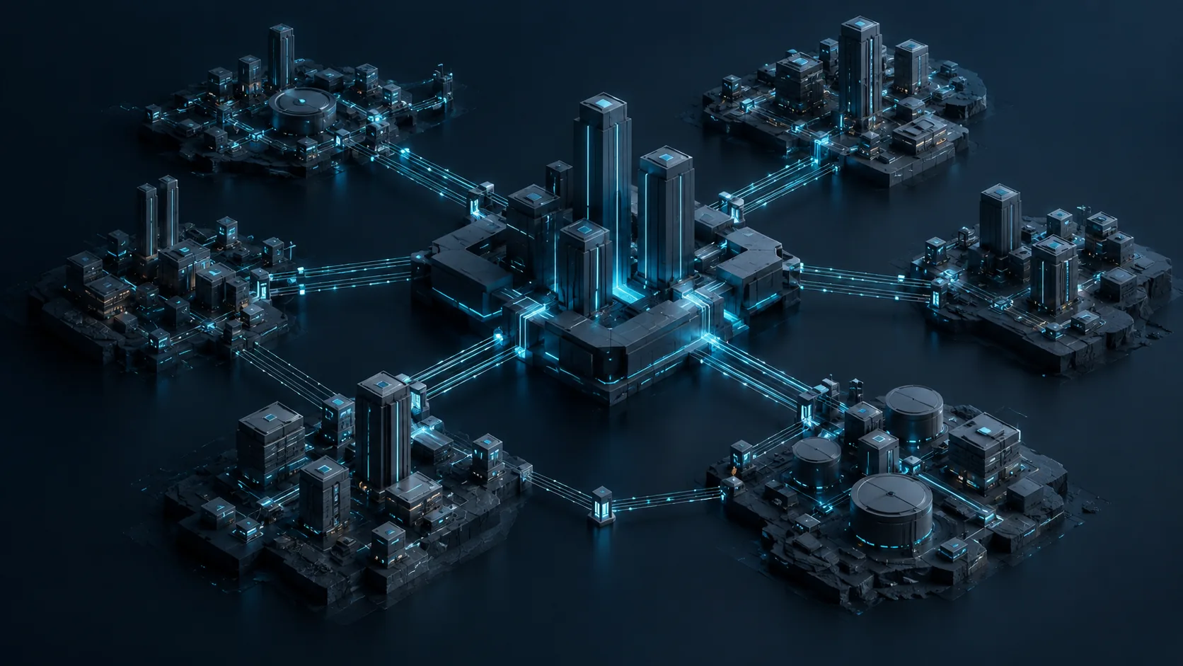 Groupes de volumes interconnectés autour d’un noyau d’infrastructure.